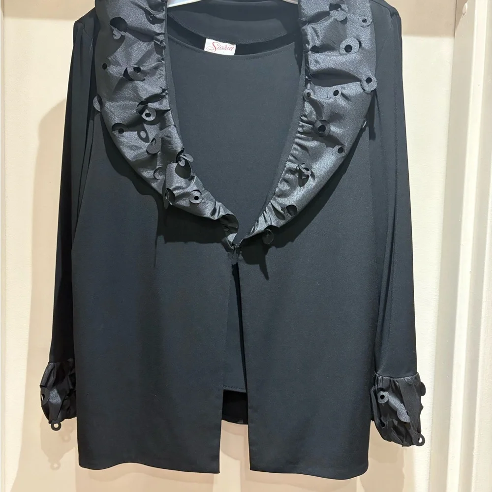 SALE! Women’s Black Ruffled 3-Piece Skirt Suit with Cut-Out SilkTrim - Picture 1 of 9